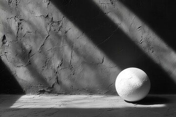 chiaroscuro still life dramatic shadow of white sphere on textured wall high contrast lighting moody atmosphere geometric simplicity meets artistic depth monochromatic elegance