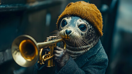 A whimsical seal wearing a hat and coat, playing a trumpet. A creative blend of animal charm and artistic expression.