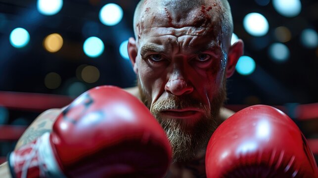 Boxer with blood on his face and boxing gloves