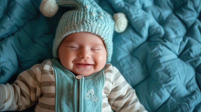 Cute newborn baby boy in knitted hat sleeping on blue blanket