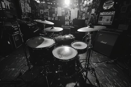 A black and white photograph showcasing a drum set situated on a scuffed wooden stage in a music venue adorned with posters and lighting equipment