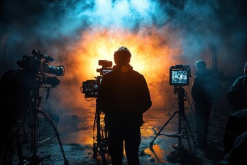 Fototapeta premium cinematic set silhouettes dramatic backlighting reveals silhouettes of film crew and equipment moody atmosphere captures the behindthescenes magic of movie production