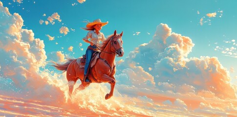 Woman Riding Horse Through Clouds at Sunset