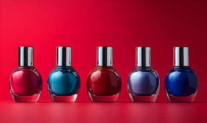 Five vibrant nail polish bottles on a bold red background, showcasing a spectrum of colors for beauty and fashion enthusiasts.