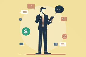 communication skills, business relationships, business success, an entrepreneur communicates online with customers in all areas of the company