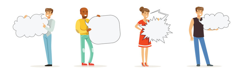 People Characters Holding Empty Speech Bubble Vector Illustration Set