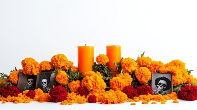 Day of the Dead altar with marigold flowers, candles, and skull images. Traditional Mexican ofrenda decoration for Dia de los Muertos celebration.