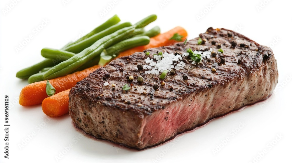 Wall mural A juicy steak with a sprinkle of sea salt and freshly ground black pepper, served with a side of green beans and carrots, against a white backdrop.