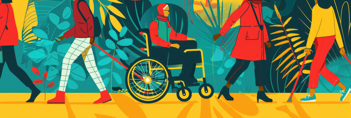 A diverse group of individuals strolls in a colorful park during autumn, highlighting inclusivity with a person in a wheelchair