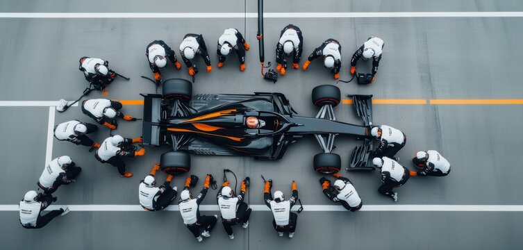 Formula 1 pit crew in uniforms surrounds a racing car, performing a pit stop with precision and speed.