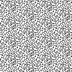 Seamless vector drawing with bacteria doodles. Bacteria are depicted in different forms. round and elongated elements fill the space. The texture is in monochrome colors. Dynamic and fun design