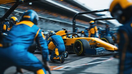 Formula 1 pit crew in blue uniforms surrounds a yellow racing car, performing a pit stop with precision and speed.
