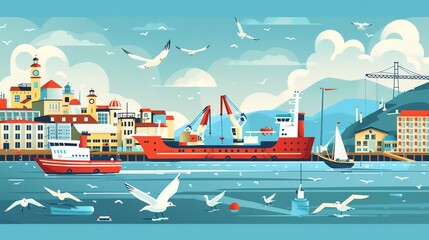 A cartoon illustration of a busy port with ships, cranes, and buildings.