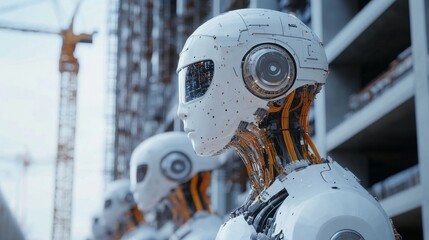 Fototapeta premium Futuristic robotic construction crews building smart cities autonomously: Robots using AI to construct buildings and infrastructure without human intervention.