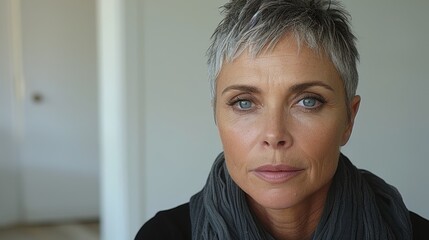 A woman with short gray hair and blue eyes is wearing a dark grey scarf, standing in an indoor setting with a white background