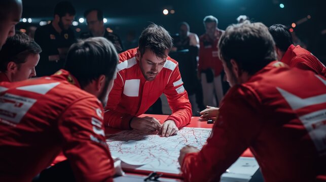 Strategic Planning. Team standing around map, deep in strategy mode, working on the race plan that will lead them to victory on the track.