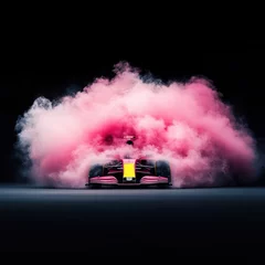  Sleek Formula 1 car in cloud of pink smoke, creating dramatic and visually striking scene against black background. © master1305