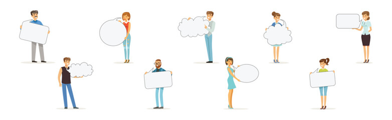 People Characters Holding Empty Speech Bubble Vector Illustration Set