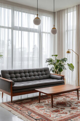 Mid century Modern interiors in residential living rooms with large windows and gray sofas and tables on rugs. Generative AI
