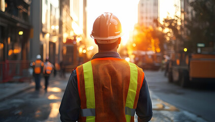A construction worker in reflective gear looks towards a sunset, symbolizing hard work and dedication in urban development.