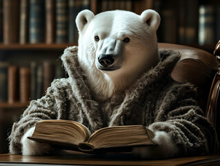 A polar bear dressed in cozy attire, reading a book in a warm library setting, exuding charm and curiosity.