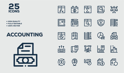 Accounting icon set. Containing financial statement, accountant, financial audit, invoice, tax calculator, business firm, tax return, income and balance sheet