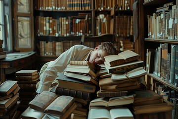 Young man tired student in white shirt and light pants sleeping on a pile of books in a library with tall shelves books background. 