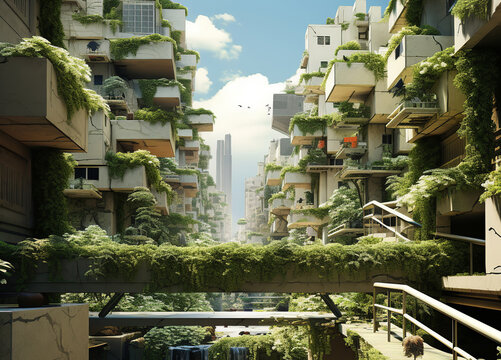 Futuristic city, urban garden overtaken by nature. Concrete buildings are covered in green plants, canyon with a waterfall, and bridge covered in greenery. Tall buildings, also covered in vegetation.