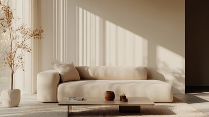 Fototapeta premium A minimalist living room featuring neutral tones, a low-profile sofa, and a coffee table with a few decorative elements and houseplants.