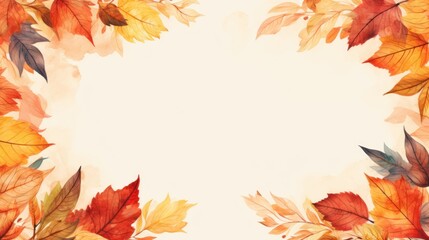Obraz premium Autumn Leaves Frame on Soft Watercolor Background. Elegant Border Design. Copy Space