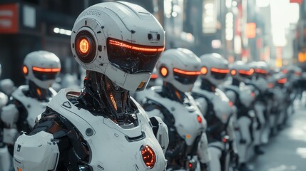 Futuristic robotic police force managed by AI ensuring public safety: A squad of robots patrolling the streets of a technologically advanced city.