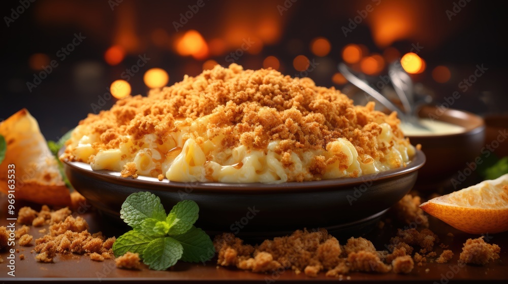 Wall mural front view fragrant mac and cheese with white background and spotlight for advertise and presentatio