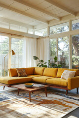 Fototapeta premium Mid century Modern interiors in residential living rooms with large windows and yellow sofas. Generative AI 
