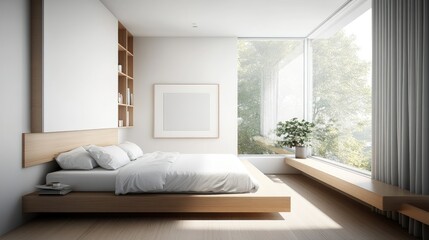 Fototapeta premium A modern minimalist bedroom with a floating bed, built-in storage, and a large window allowing natural light to fill the space.