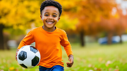 Obraz premium Smiling African child boy in orange shirt enjoying soccer practice on the autumn field. Copy space.