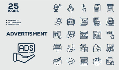 Advertisement icon. Editable Stroke icon contains Digital Marketing, Billboard ads, online ads and bus ads. Stroke icon collection Outline icon