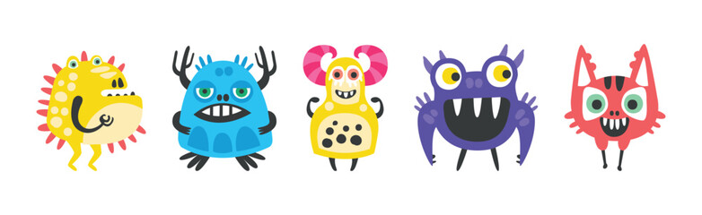 Funny Smiling Toothy Monster Character with Smiling Face Vector Set