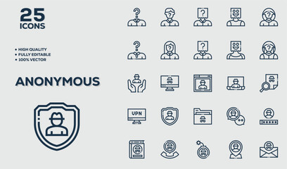 Anonymous  icons in line style. Guard, cyber security, password, smart home, safety, data protection, key, shield, lock, unlock, eye access. Vector illustration.