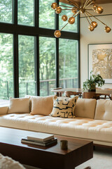 Fototapeta premium A mid-century modern interior photo of a residential living room with an art frame hanging on the wall and sofa and table. Generative AI 