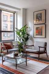 Fototapeta premium Interior in the living room. Mid century Modern Interior Photo with Armchair. Generative AI 