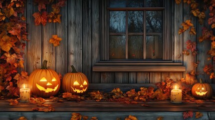 Obraz premium Halloween porch scene with pumpkins, flickering candles, and autumn leaves on a rustic wooden house – perfect for spooky seasonal designs, fall-themed decor, or festive holiday visuals.