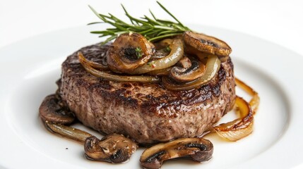 A mouthwatering steak topped with caramelized onions and mushrooms, elegantly presented on a white plate against a clean white background.