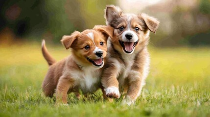 A pair of playful puppies tumbling over each other in a grassy field, with their wagging tails and joyful antics capturing their playful nature.