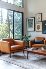 Mid century Modern interiors in the living room with leather-finished armchairs and wood tables, large windows and art frames hanging from the walls. Generative AI
