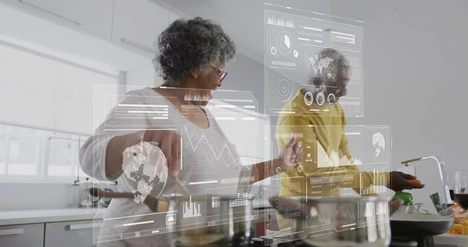 Animation of financial data processing over biracial senior couple in kitchen - Powered by Adobe