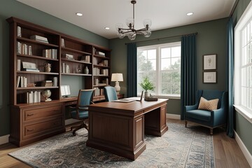 Cozy Home Office Study 3D Rendering Featuring Spacious Desk Bookshelves and Comfortable Reading Chair for Enhanced Productivity