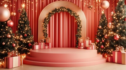 Elegant Christmas Product Display Podium With Gift Boxes, Golden Lights And Decorated Trees, Luxury Festive Holiday Background Scene