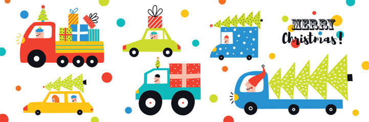 Colorful cars are carrying Christmas trees and gift boxes. Cute Christmas card.Interior poster © vyazovskaya
