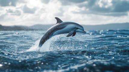Fototapeta premium A playful dolphin leaping out of the ocean, splashing water around, showcasing its agility and the joy of marine life