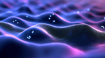 Neon Wave Background of a Abstract Digital glowing blue and purple colored Dot waves with Smooth particles are flow, virtual reality cyberspace landscape, colorful motion night lights purple and blue